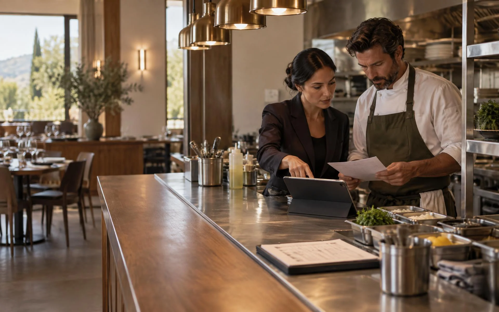 Restaurant leaders reviewing the pre-service plan at the pass